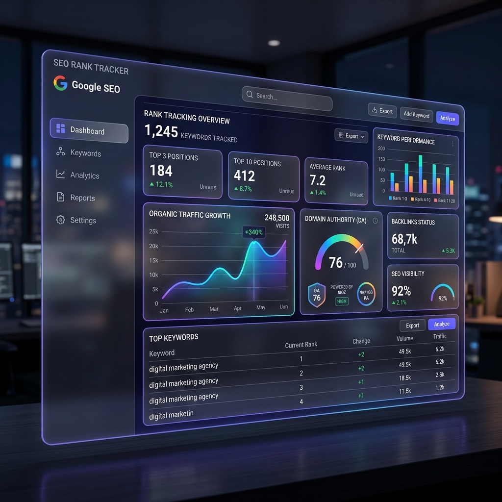 Mojomax Live SEO Rank Tracker & Backlink Dashboard Interface